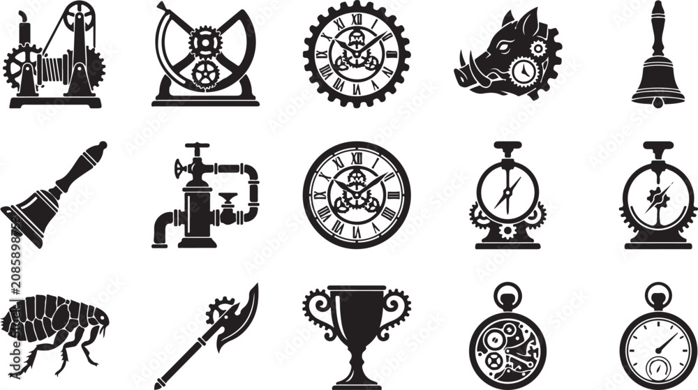 Obraz premium Set of black steampunk icons with mechanical gears and vintage industrial elements for design projects isolated on white background, Vector