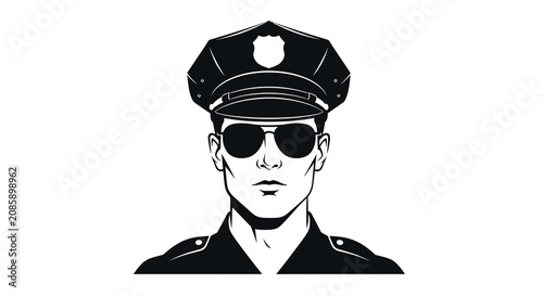 Cuadro en lienzo Police officer headshot with cap and sunglasses a black and white vector silhoue