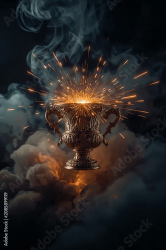 Sparks Fly From a Decorative Cup Surrounded by Clouds of Smoke in a Dark Setting
