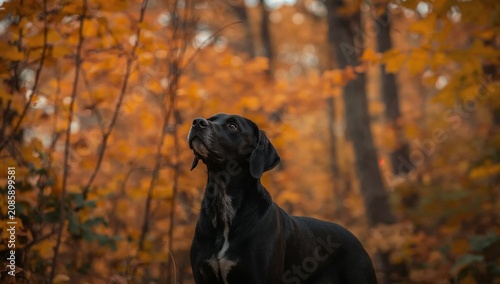 Black Dog Stands in a Forest With Orange Leaves During Autumn