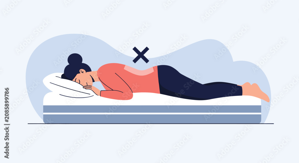 Fototapeta premium Educational illustration showing a woman sleeping in an incorrect prone posture on her stomach with a cross sign.