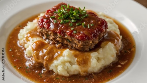 Homemade Meatloaf Served on Mashed Potatoes With Gravy and Sauce on a White P...