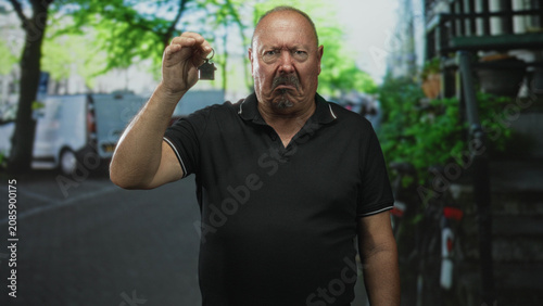 фотографія Man holds home keys in hand, scowling and grimacing while raising the keys on a street; frustration grievance