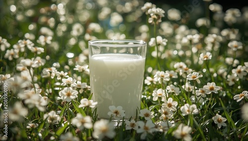 Milk Stands in a Glass Among White Flowers With Sunlight Shining in the Backg...