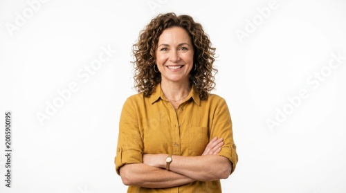 Smiling middle aged woman with curly hair standing with crossed arms, portrait