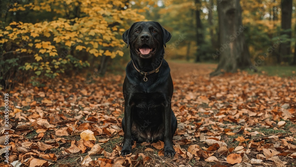 Fototapeta premium Dog Sitting in a Forest Covered With Autumn Leaves During Daytime in a Calm Setting