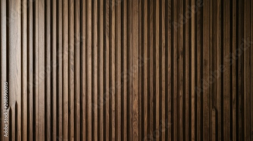 Minimalist dark wood slatted wall interior background texture with interior
