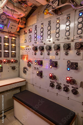 Intricate control panels of the retired HMCS Ojibwe submarine in Port Burwell, showcasing naval engineering prowess.