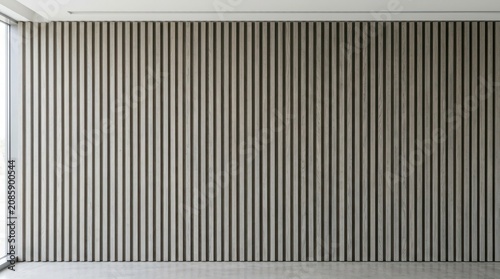 Interior modern office wall featuring vertical gray wood slats, interior