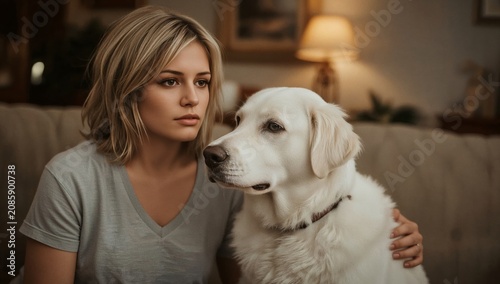 Woman Sits on Couch With Two Dogs at Home in Soft Light During Evening