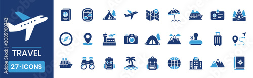 Foto travel tourism pictogram style fill icon set passport flight ticket luggage hote