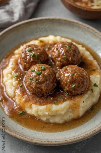 Meatballs Served on Mashed Potatoes With Gravy in a Bowl During Daytime Meal ...