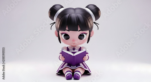 Adorable cartoon girl with double bun hairstyle holding open book