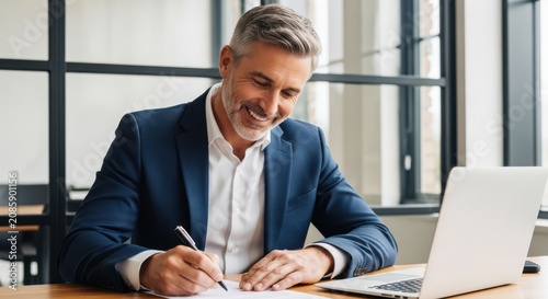 Smiling mature businessman signing document at office desk with laptop, business