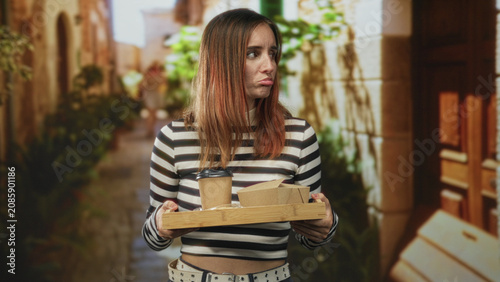 Canvas Print Woman with red hair holding wooden tray with coffee cup and cardboard boxes, pouting gesture in striped shirt on a narrow street; disappointment