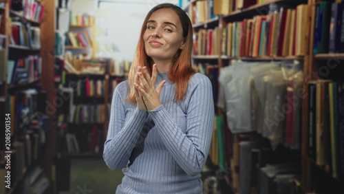 Quadro su tela Woman clasping hands to mouth with a soft smile among tall shelves in a narrow bookstore aisle building; shy curiosity