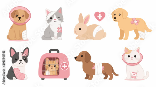 Foto Injured cartoon pets with medical bandages and cones