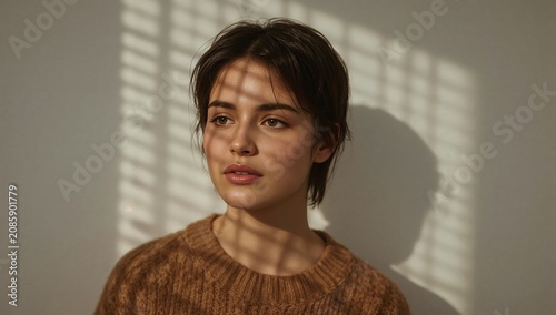 Light and Shadows Play on a Young Womans Face During a Sunny Day Indoors