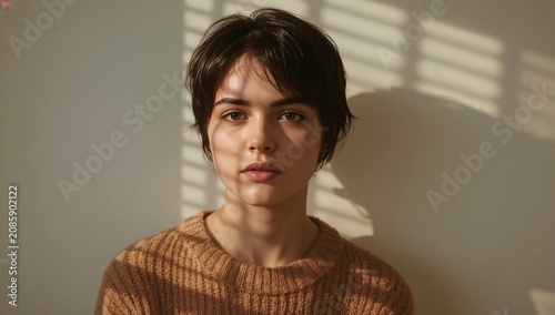 Young Woman Sitting by a Window With Shadows on Her Face in Indoor Light