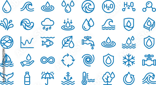 Comprehensive set of water and environmental outline icons for science and nature infographics