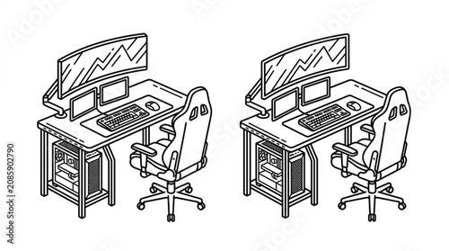 Fotografie Gaming computer setup with dual monitors and ergonomic chair.