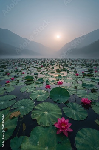 Water Lilies Bloom in a Lake Surrounded by Mountains During Sunrise With Mist...
