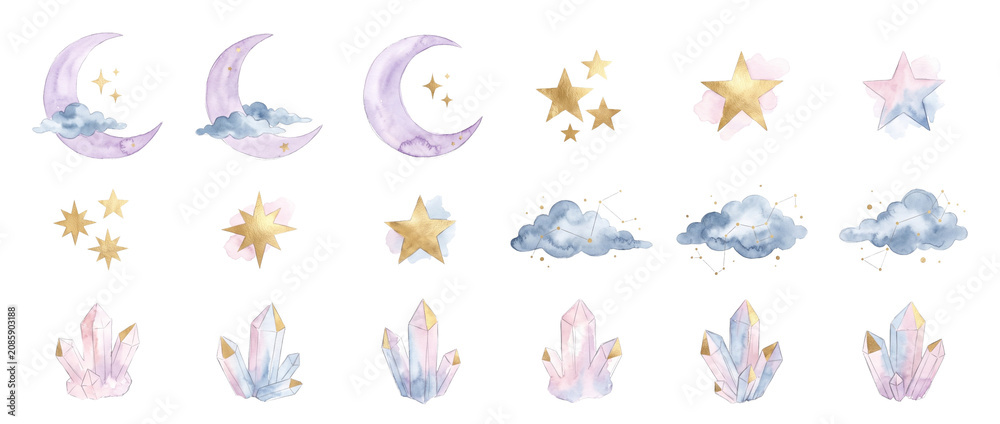Obraz premium Celestial watercolor clipart moon stars crystal elements for magical mystical bohemian design, gold constellation clouds and pastel purple crescent moons icon set on solid black background.