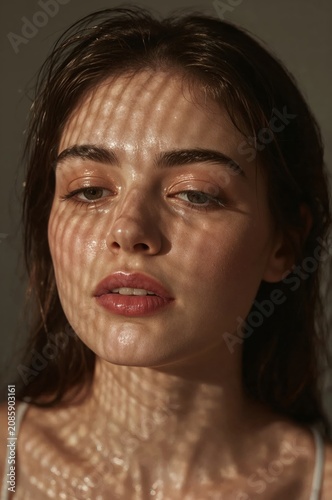 Young Woman With Wet Hair in Soft Light Stands Still With Relaxed Expression ...