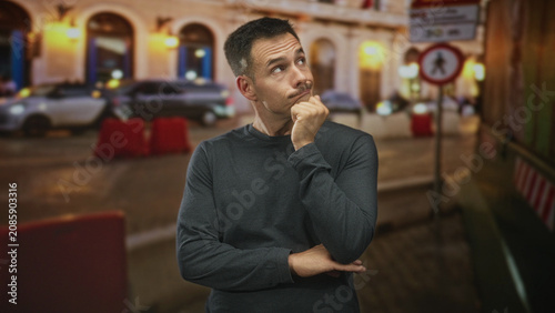 Obraz na plátně Hispanic man with moustache, hand on chin in a pondering pose on a city street by an illuminated building at night; thoughtful solitude