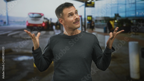 Photos Man with moustache raises hands palms up and looks upward at airport curbside, shrugging in front of terminal glass and parked car; travel frustration