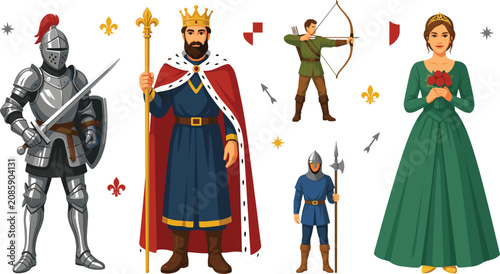 Fotografie Medieval Royal Kingdom Character Vector Set Featuring King with Scepter Queen in