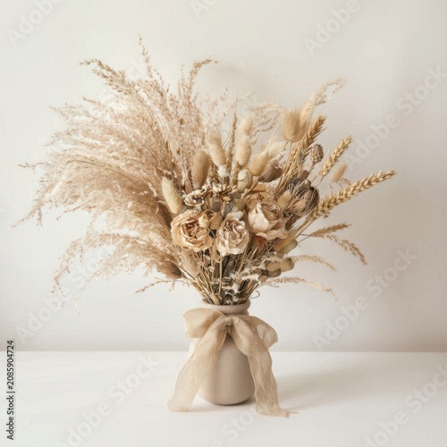 Warm beige monochrome bouquet with dried flowers and pampas grass isolated on white.