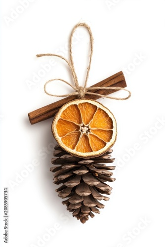 Rustic Pinecone and Dried Orange Ornament Isolated on White for Cozy Holiday Decor