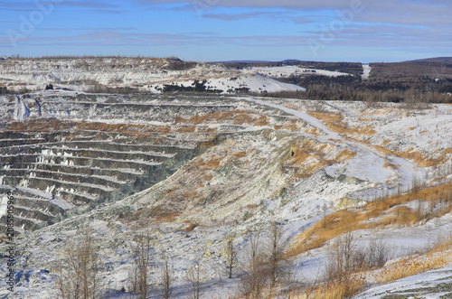 Aerial view of Asbestos mine, Asbestos, Quebec, Canada. Asbestos is a set of six naturally occurring silicate minerals used commercially for their desirable physical properties.