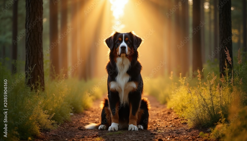 Fototapeta premium Bernese mountain dog sits on forest path. Golden hour sun rays shine through trees. Rich green grass borders the trail. Calm animal waits patiently.