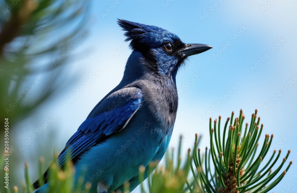 Fototapeta premium Blue jay bird perches on pine tree branch. Bright azure plumage, dark crest, sharp beak against clear sky. Wild avian fauna in natural habitat.