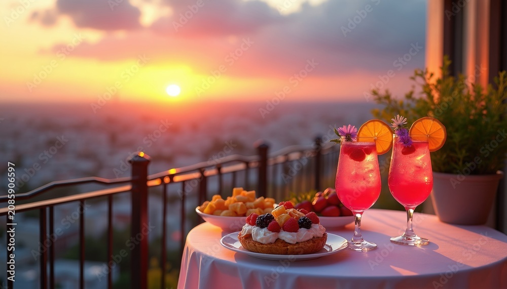 Fototapeta premium Two pink cocktails rest on a table with sweet pastry fruit. Cityscape view from balcony at sunset, golden hour light warms urban horizon. Relaxing evening.