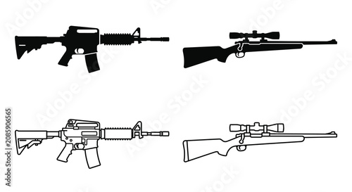 Tableau sur toile Assault rifle and sniper rifle silhouettes on a white background