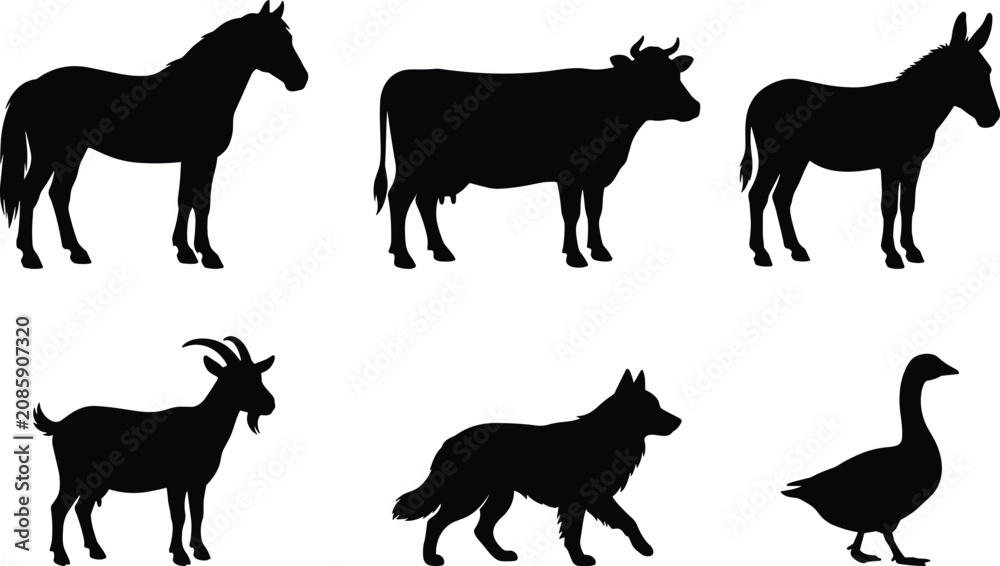 Fototapeta premium Farm Animal Silhouette Collection with Horse Cow Donkey Goat Wolf and Goose Vector Set