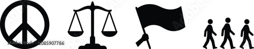 Black Silhouette Icons Representing Peace, Justice, Protest and Collective March for Social Movements
