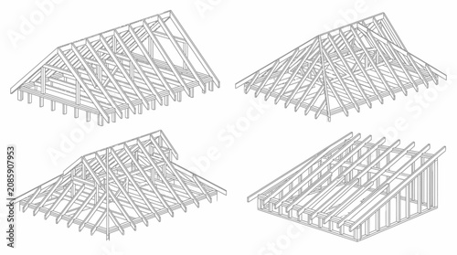 Set of Various Isometric Roof Framing and Truss Structures on Isolated White Background