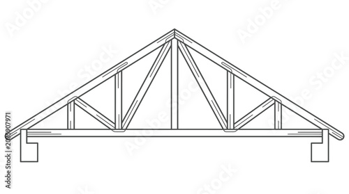 Detailed Outline Drawing of a Common Roof Truss Structure on Isolated White Background