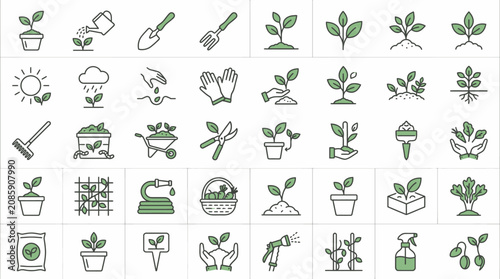 Comprehensive Set of Green Gardening and Farming Icons Illustrating Agricultural Concepts on an Isolated White Background
