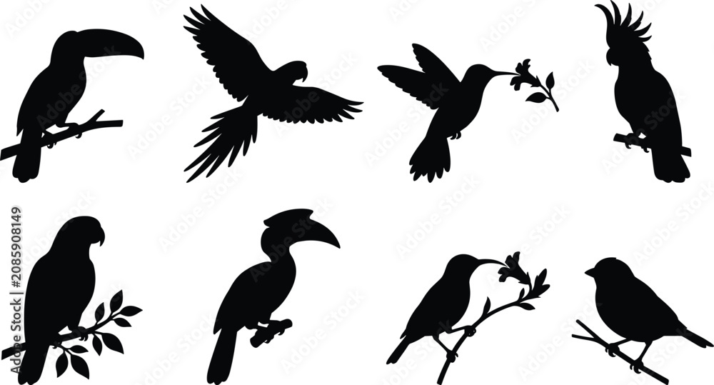 Naklejka premium Bird Silhouette Collection with Flying Perching Tropical and Songbird Vector Illustration Set