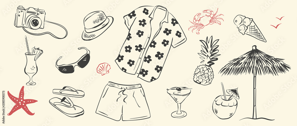 Obraz premium Hand-drawn ink drawing set of Hawaiian tourist accessories. Vector whimsical illustration collection of tropical vacation essentials in simple crayon style. Black outline doodle icons isolated on a wh