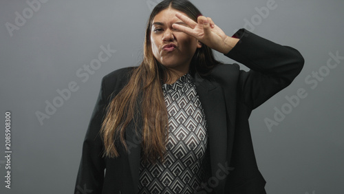 Slika na platnu Woman making peace sign with hand over eye and puckered lips, wearing patterned top and black blazer in studio; playful confidence