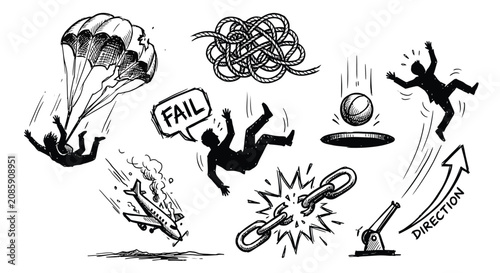 Falling figures and objects black and white sketch illustration
