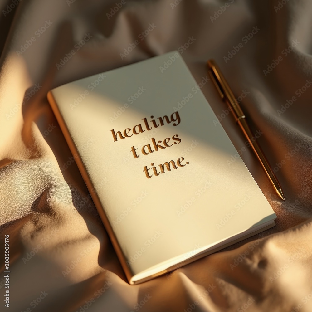 Obraz premium Journal with golden pen rests on silk fabric. Text healing takes time embossed on cover. Gentle light illuminates thoughtful moment. Personal reflection, support, mental health, patience.