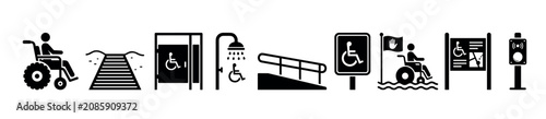 Wheelchair accessibility icons and symbols representing various accessible facilities and services for individuals with disabilities in public and recreational spaces.