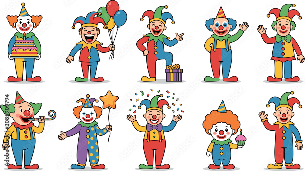 Naklejka premium Cute Cartoon Circus Clown and Jester Character Set with Birthday Party Elements Like Balloons, Cake, and Confetti for Kids Celebration Designs